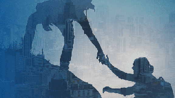 A hiker helping a fellow hiker climb up a slope, overlaid with OpenBlue graphics