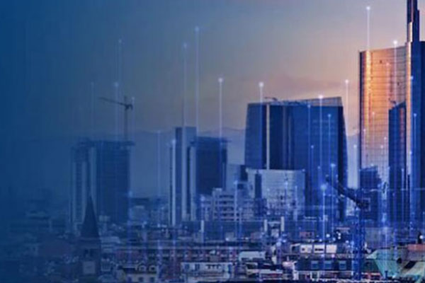 Aerial view of the city with skyscrapers overlaid with graphics of transmission nodes